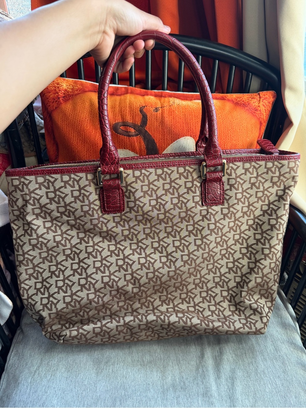 DKNY Beige Monogram Tote with Burgundy Trim